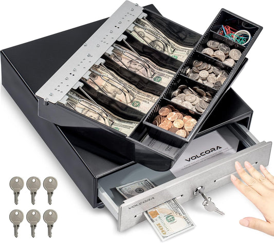 Volcora 13" Manual Push Open Cash Register Drawer for Point of Sale (POS) System - Black with Stainless Steel Front Touch Panel - with 4 Bills and 5 Coin Slots, Fully Removable Money Tray