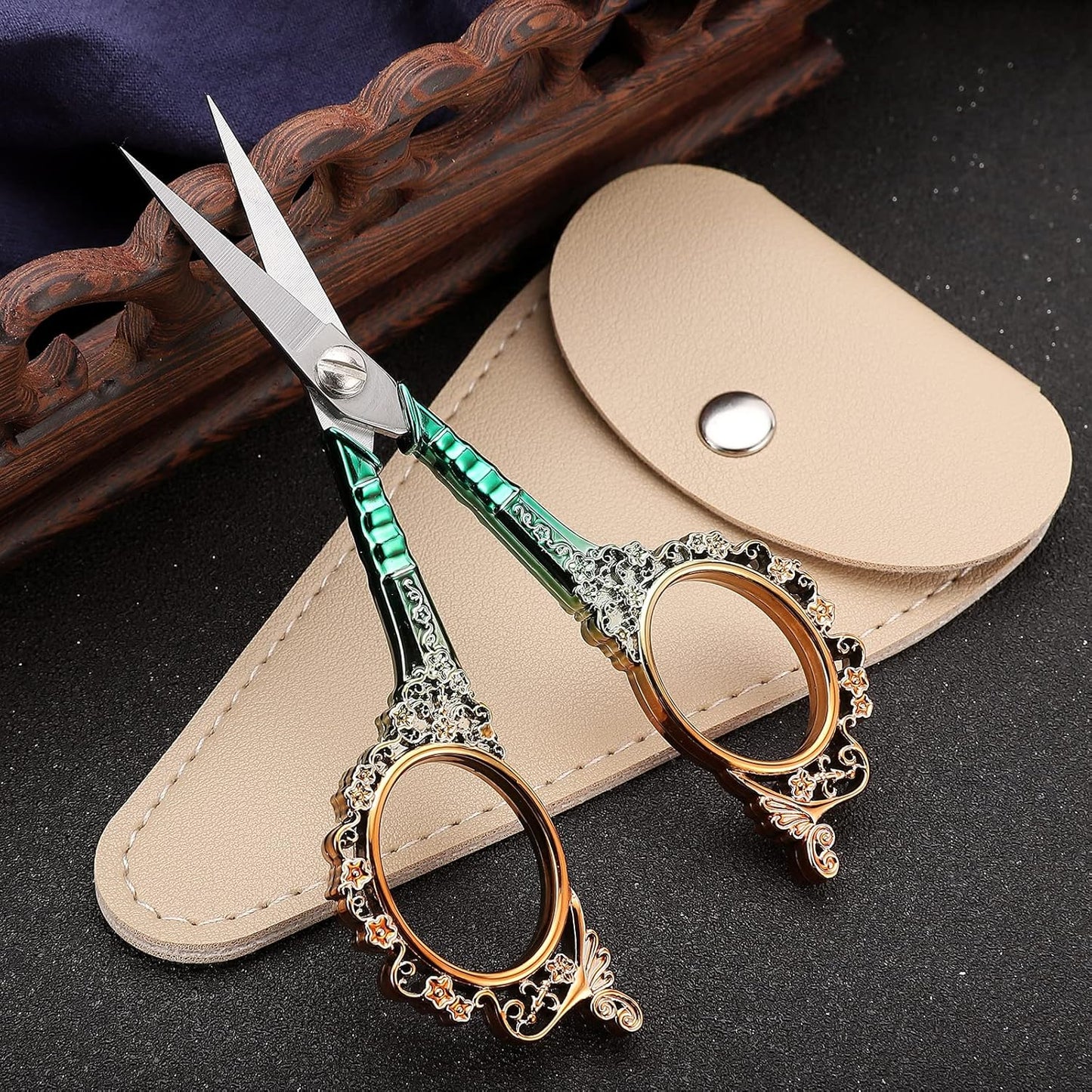 Sewing Scissors Sharp Embroidery Scissors with Sheath, Craft Scissor for Needlework Artwork Threading Cross Stitch Handicraft DIY Tool, 4.5in Gold Green Shears