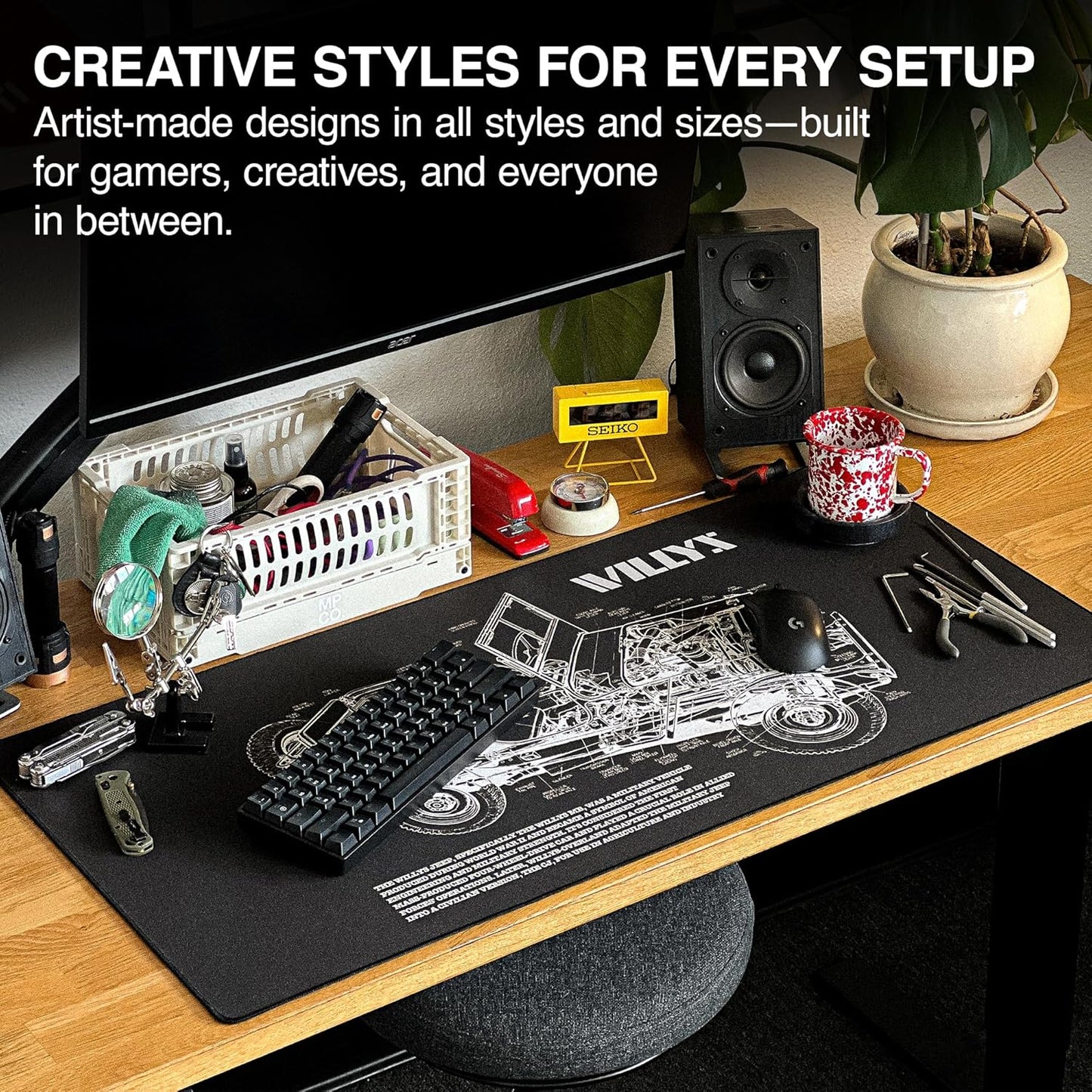 MPCO. Blueprints Large Gaming Desk Pad - 36" x 17" Aeroglyde Fabric Willys Jeep – Black Desk Mats - Non-Slip, Washable, Smooth Glide for Precision Gaming & Work