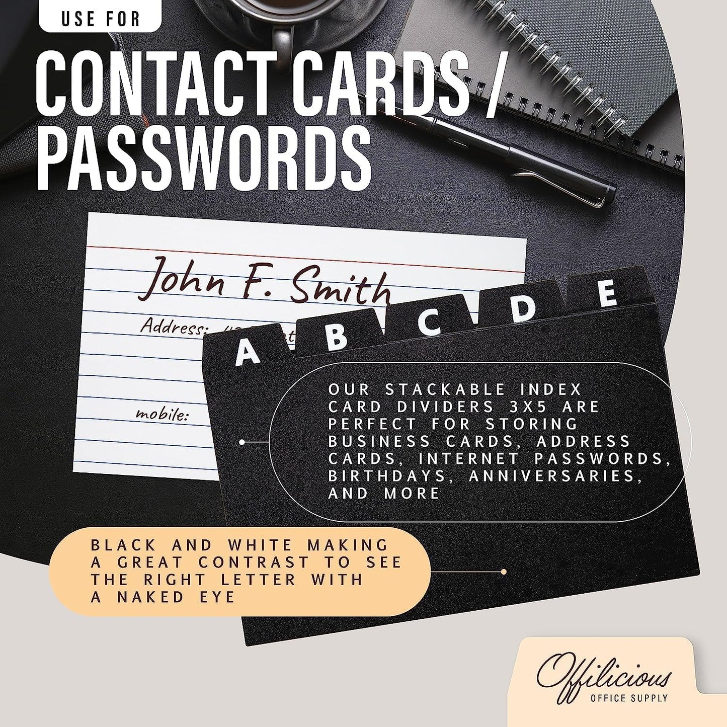 4x6 Index Card Holder Dividers - 25 Plastic Black Index Card Dividers with Alphabet Tabs - Index Card Organizer, Index Cards, Index Card File Box, Trading Card Dividers, 5 Tab Dividers