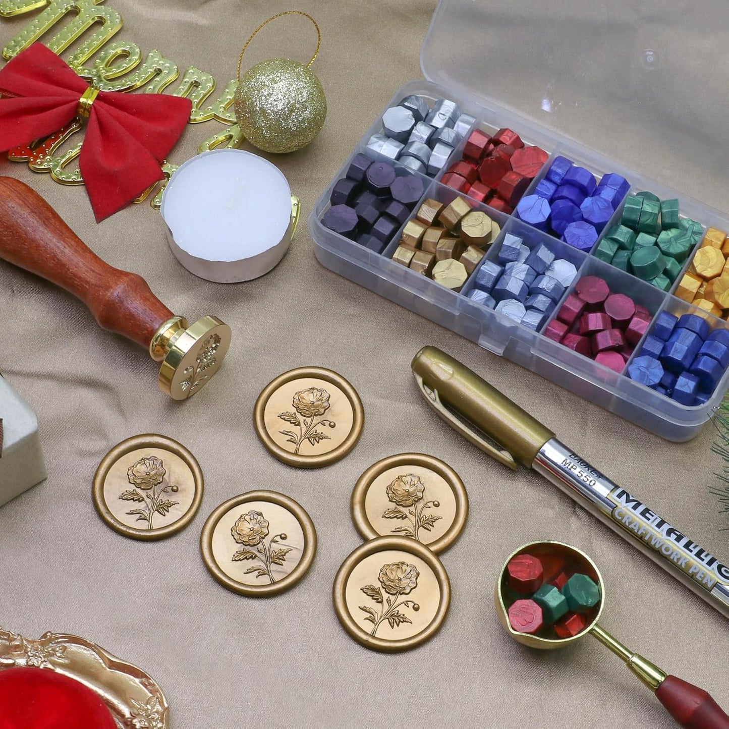 SWANGSA Wax Seal Kit, 3D Flower Stamp with 200pcs Sealing Wax Beads, Great for Embellishment of Wedding Invitations, Wine Packages, Gift Wraps