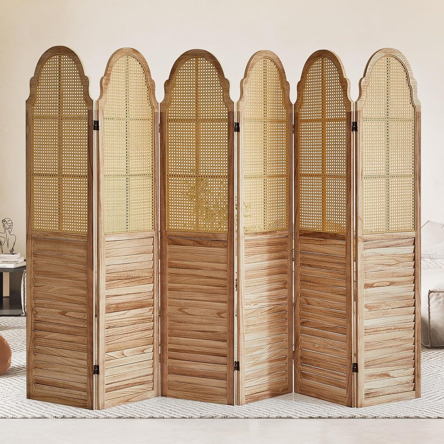 6 Panel Rattan Room Divider Panel, 5.6Ft Partitionsand Dividers, Louvered Partition Divider, Room Dividers Screen, Solid Wood Frame, Folding Screen, Bedroom, Family Room, Light Brown