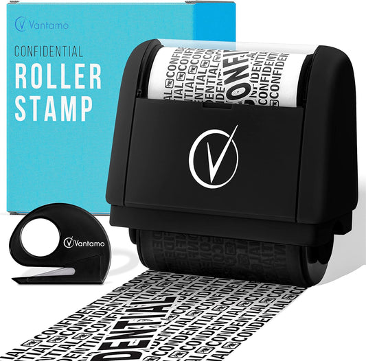 Vantamo Identity Theft Protection Roller Stamp for Hiding Sensitive Information, Wide Confidential Stamp with Box Cutter, Security Stamp Roller for Identity Theft Prevention, Black