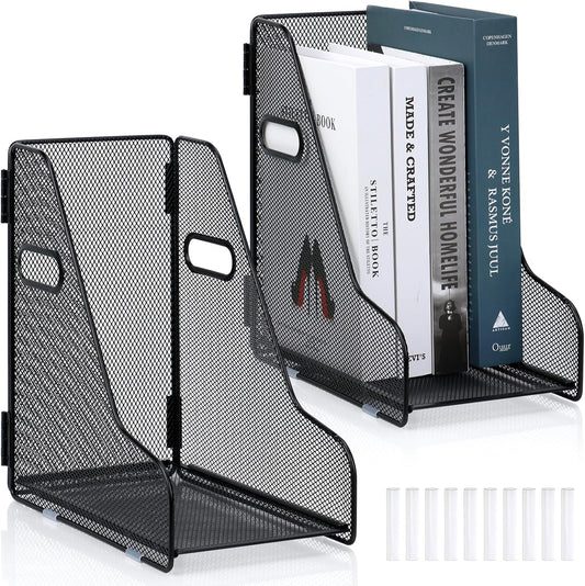 2 Pack Large Binder Folder Holder for Desk Metal Mesh Magazine File Holder Black Vertical File Storage Desktop Binder Organizer Desk Folder Organizer for 3Inch 4Inch 5Inch Binder 10" L x 6" W x 11" H
