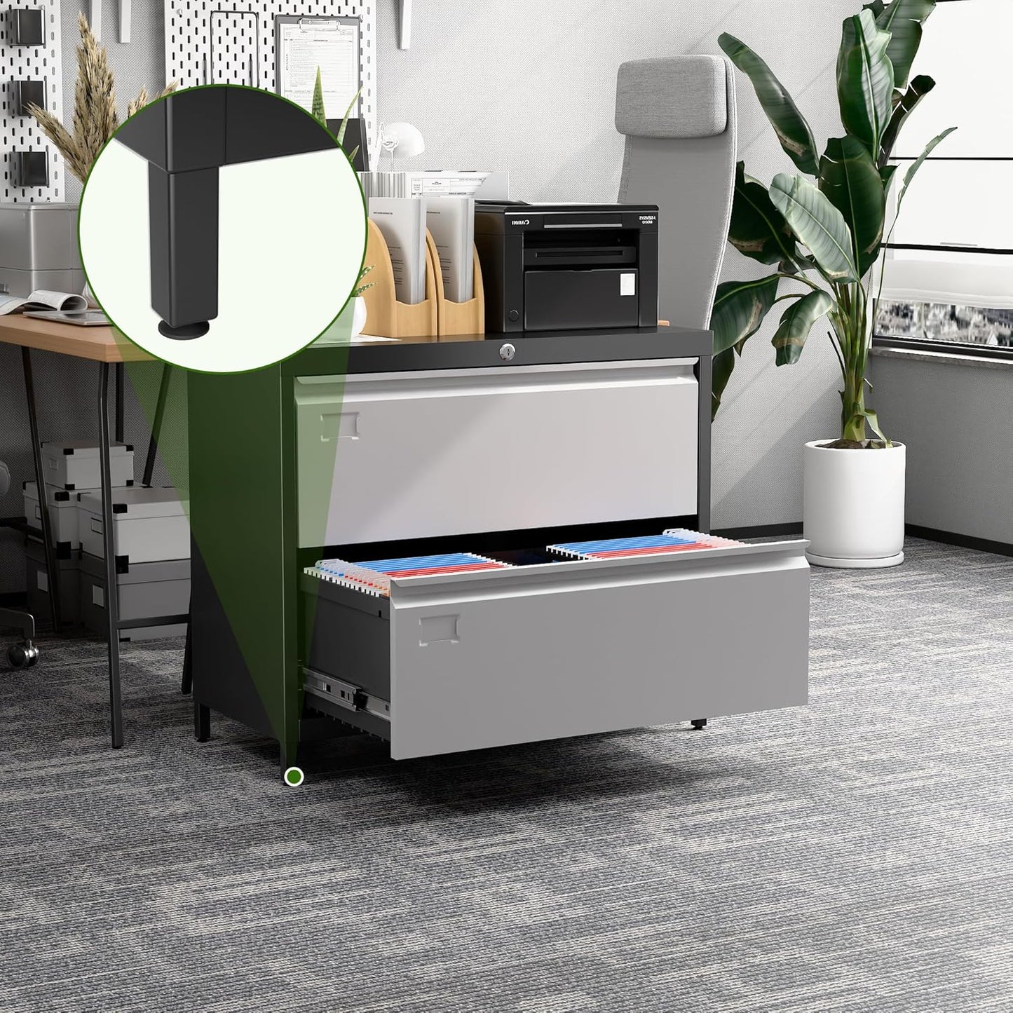 Metal 2 Drawer Lateral File Cabinet with Lock & Adjustable Feet - Wide Filing Cabinet for Letter/Legal/F4/A4 Hanging Files - Includes Business Card Holder,Home Office School Storage,Black/Grey