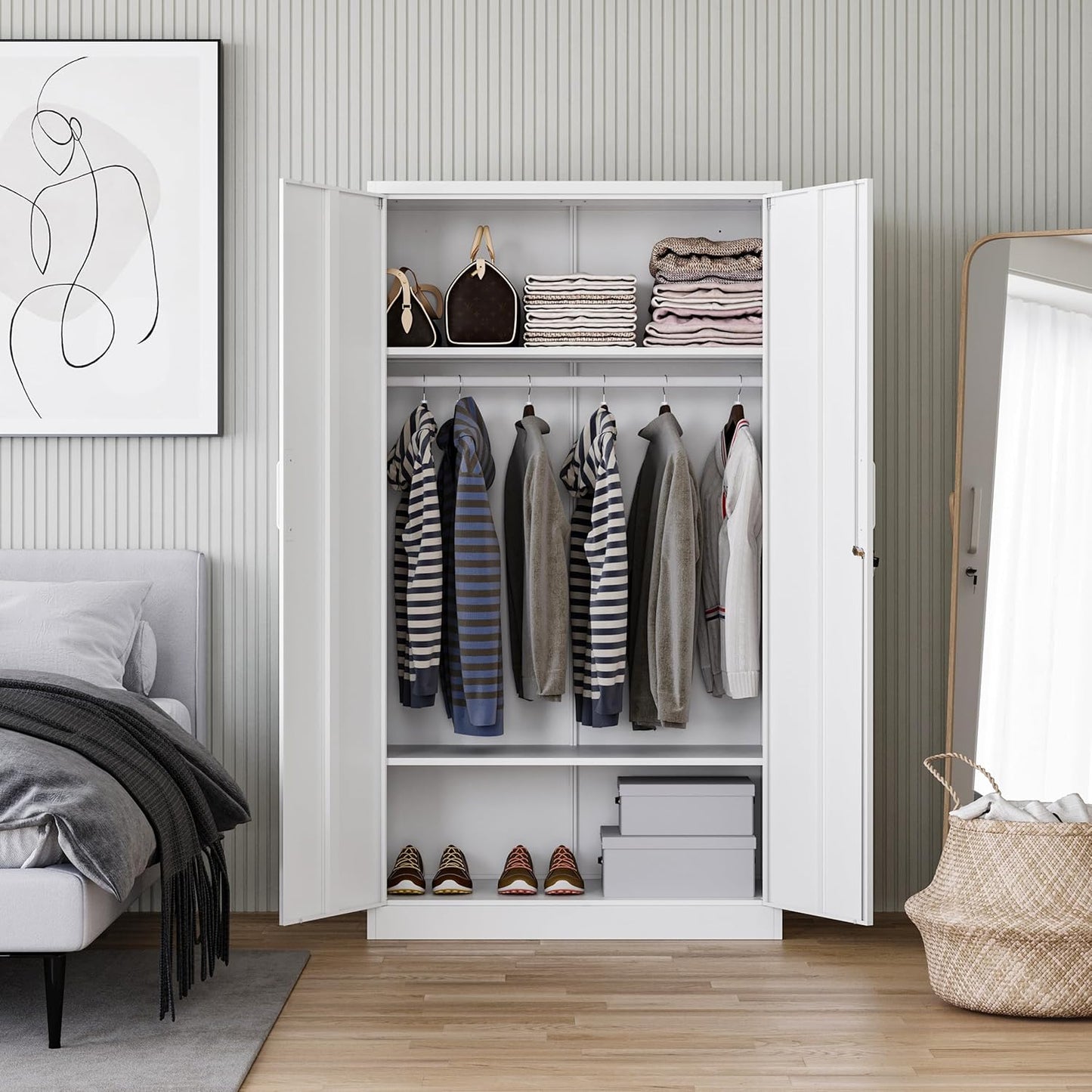 Letaya Metal Wardrobe Cabinets with Lock,Clothing Locker 72" X 36" X 18" Storage Cabinets for Home Room,Fire Department, School, Employee,Gym,Government (White)