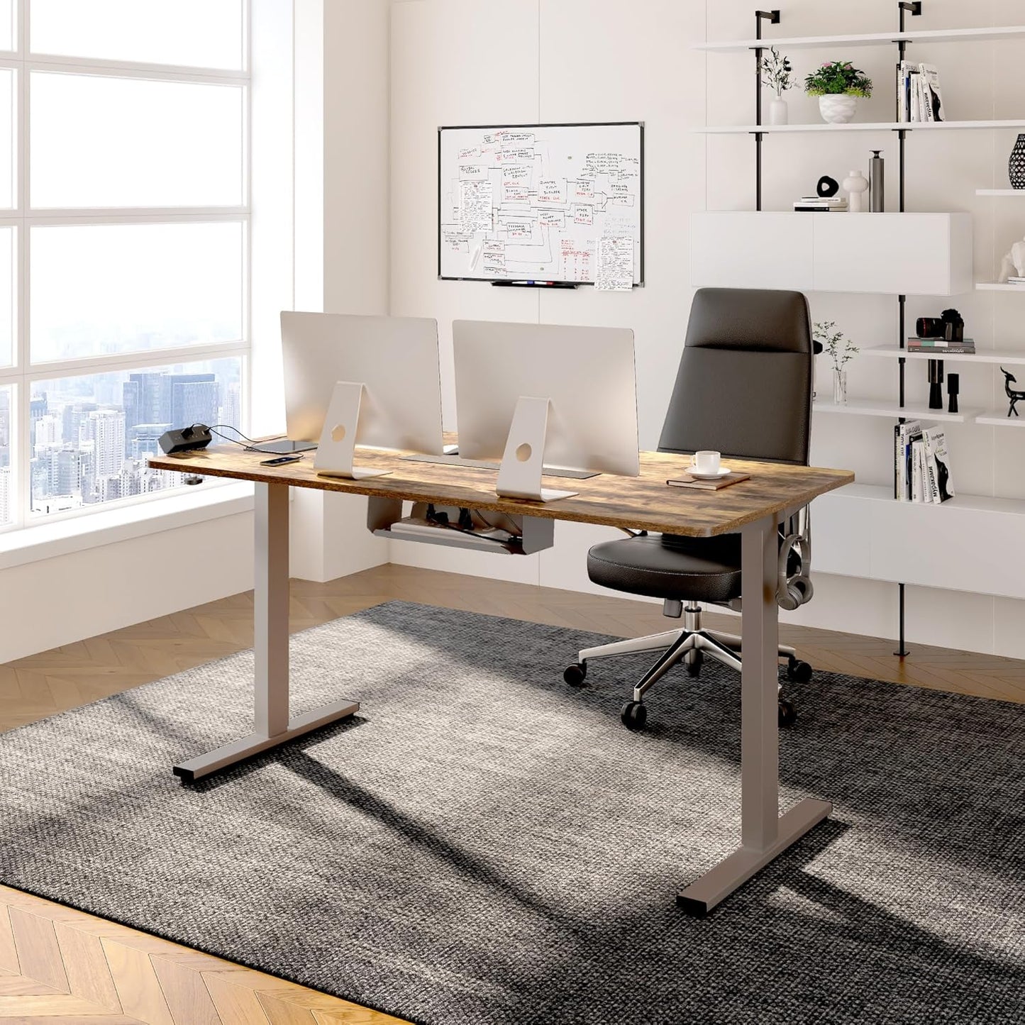 FLEXISPOT EN2 Whole-Piece Standing Desk with Clamp Power Strip, 48 x 24'' Electric Stand Up Height Adjustable Desk with Cable Management (Gray Frame + 48" Rustic Brown Desktop, 2 Packages)