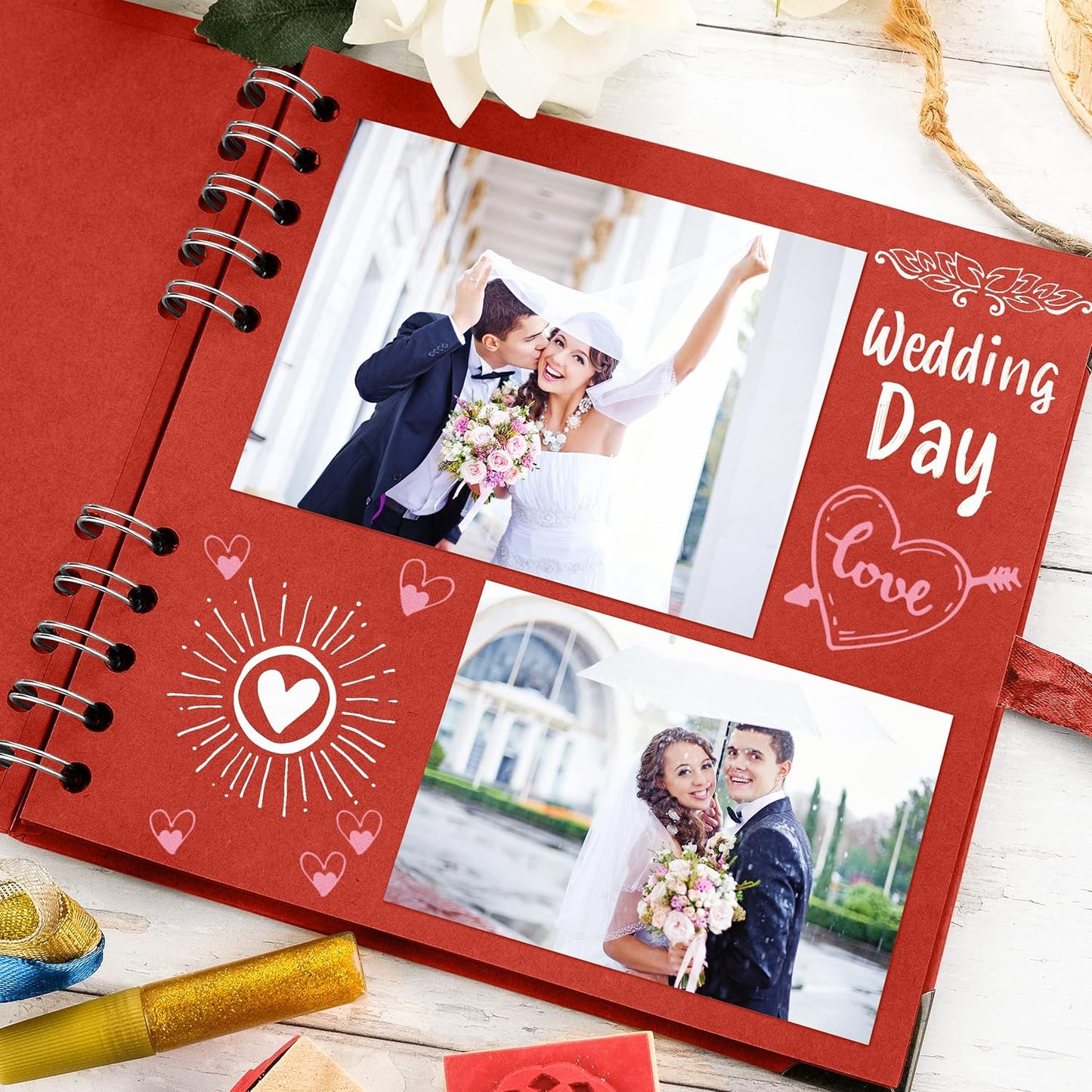 Bstorify Square Scrapbook Photo Albums 7 x 7 Inch Red Thick Paper, Hardcover, Metal Corners, Ribbon Closure - Ideal for Your Scrapbooking Albums, Art & Craft Projects