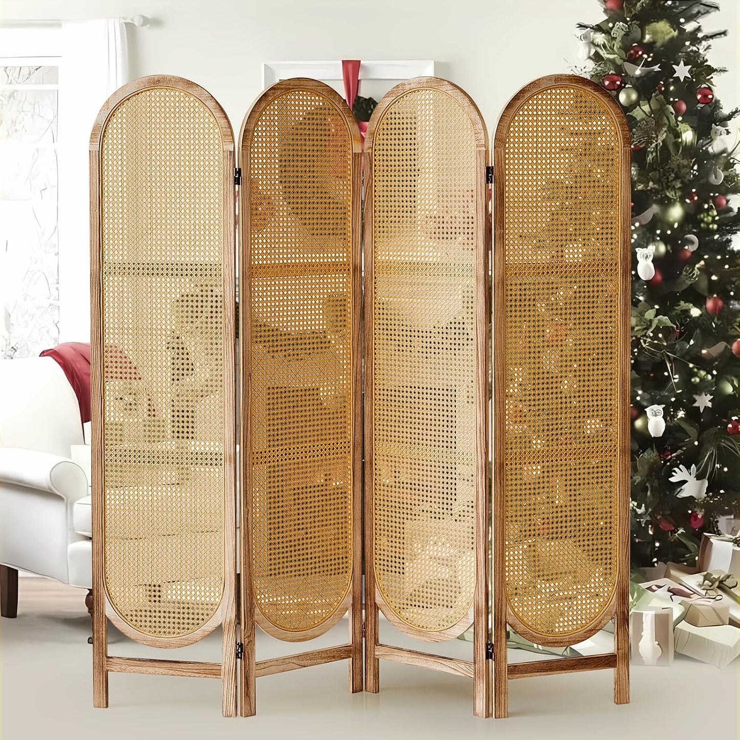 4 Panel Room Divider 5.6 Ft Hand-Woven Rattan Room Divider Screen, Foldable Wood Folding Privacy Screens with Double Hinges, Wall Divider for Room Separation Bedroom Home Office - Natural