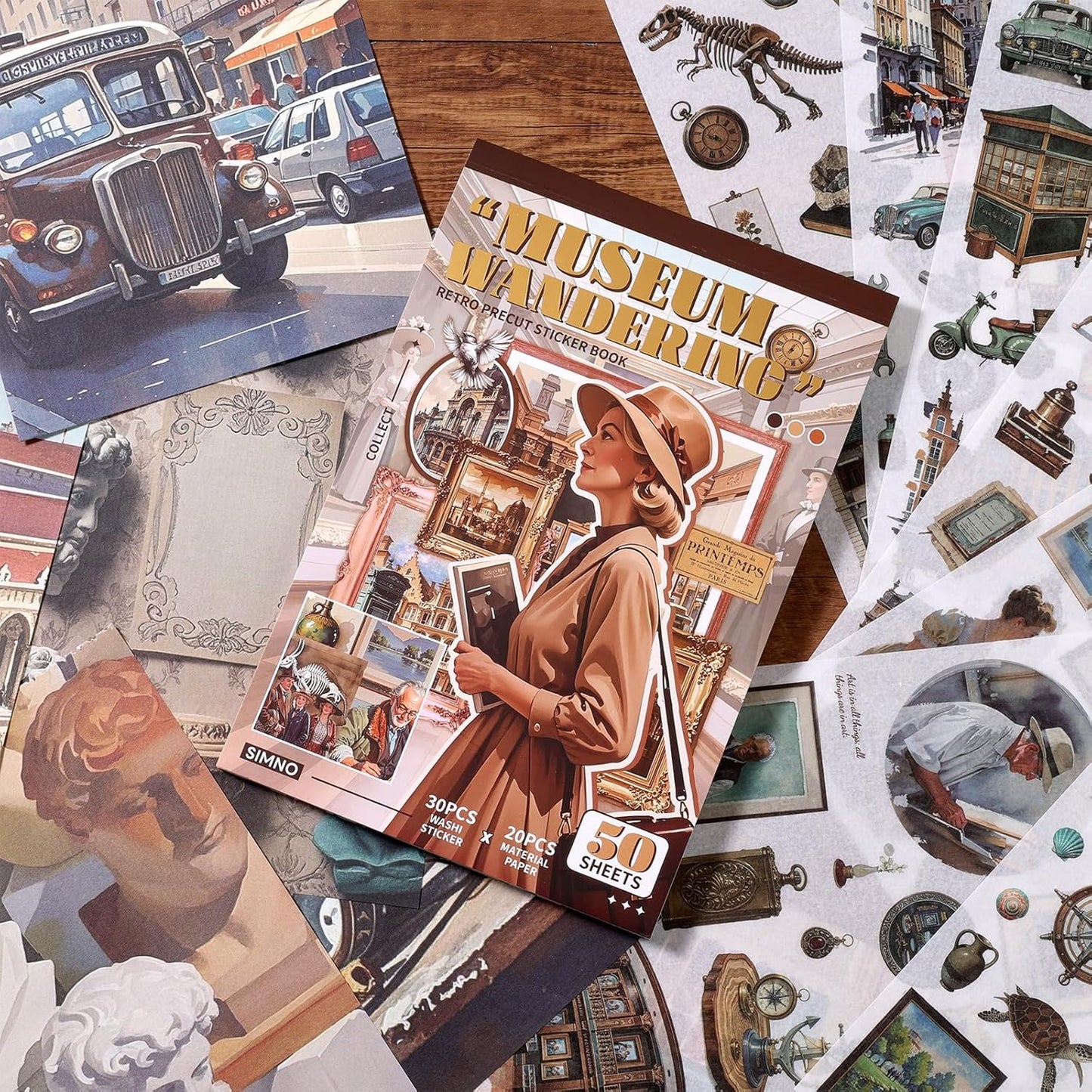 Scrapbooking Stickers 400 Pre-Cut Washi Stickers & 20 Scrapbook Papers Museum Vintage Sticker Books for journaling Scrapbooking Supplies