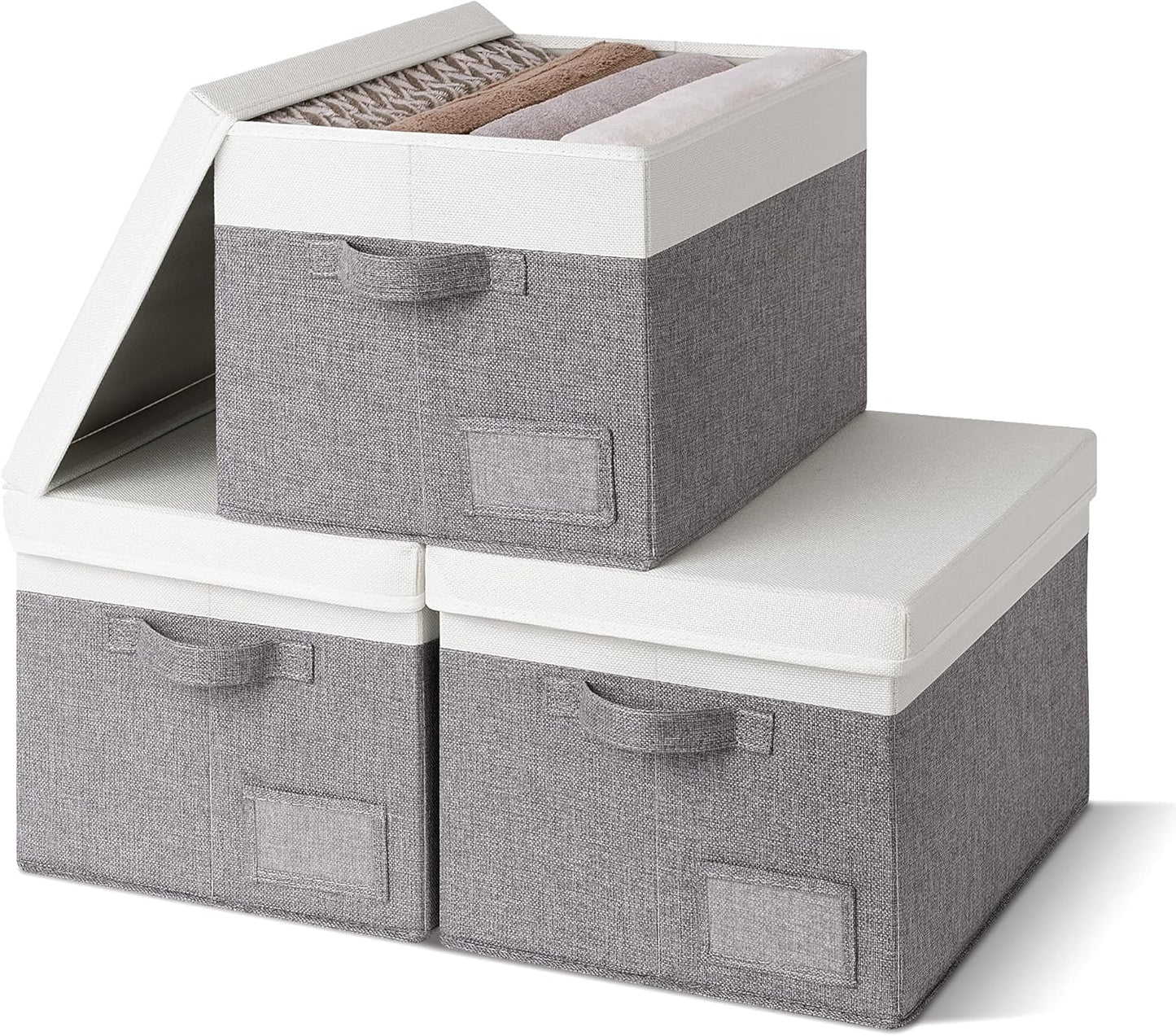 GRANNY SAYS Storage Bins with Lids, Linen Closet Storage Boxes, Collapsibe Storage Bins for Clothes, Storage Containers with Label Holder, 3-Pack, Gray&Ivory