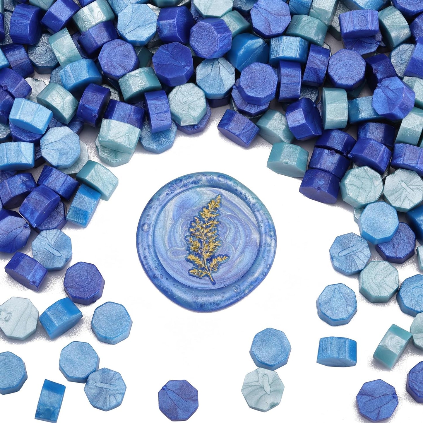 Yoption 300 Pieces Blue Mix Sealing Wax Beads, Vintage Octagon Beads With 4 Candles and 2 Melting Spoons for Seal Stamp (Blue Mix)