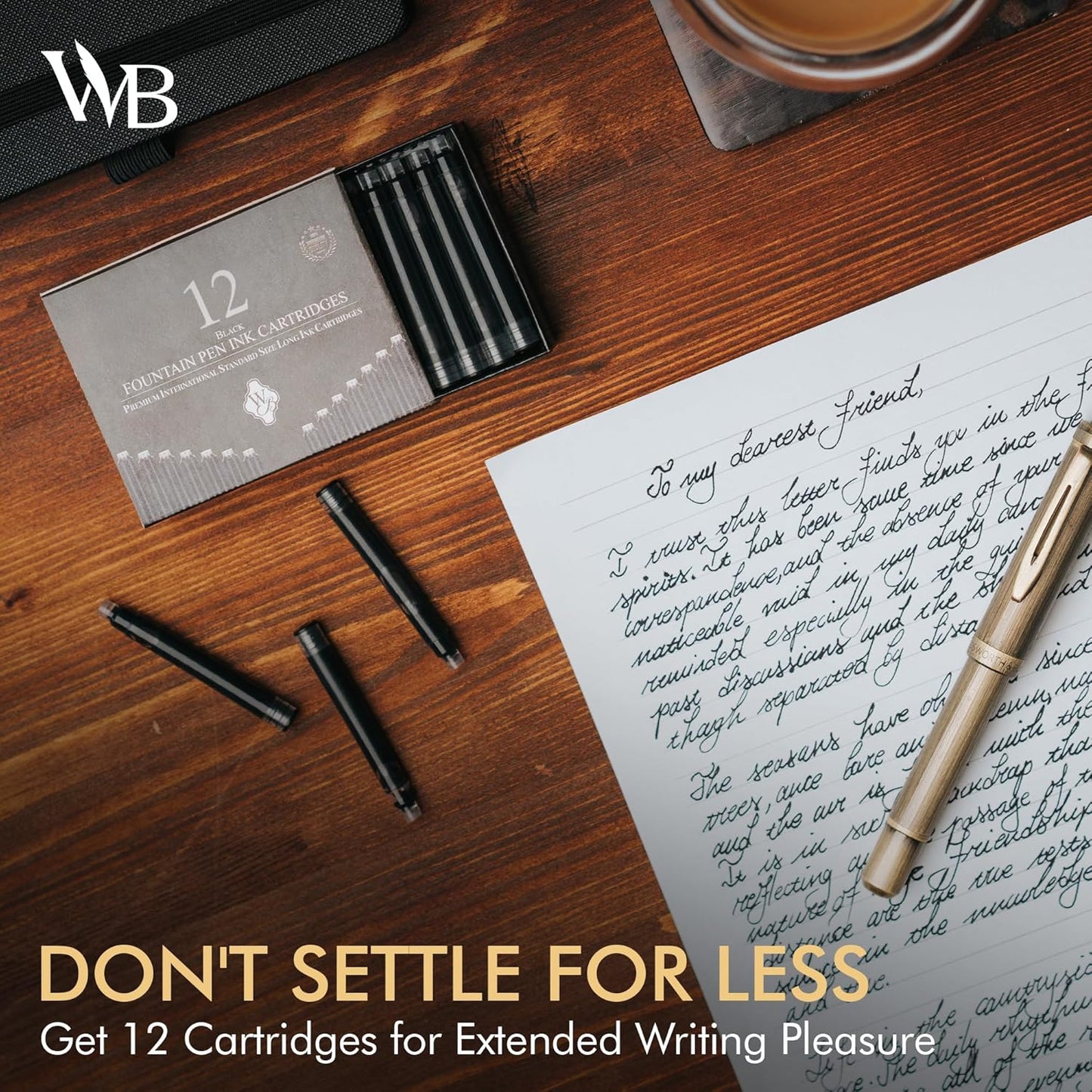 Wordsworth & Black 12 Pack Fountain Pen Ink Refills - Set of 12 Black Ink Cartridges - International Standard Size - Length APPR 2.3" - Base Diameter APPR 0.24" - Disposable and Generic