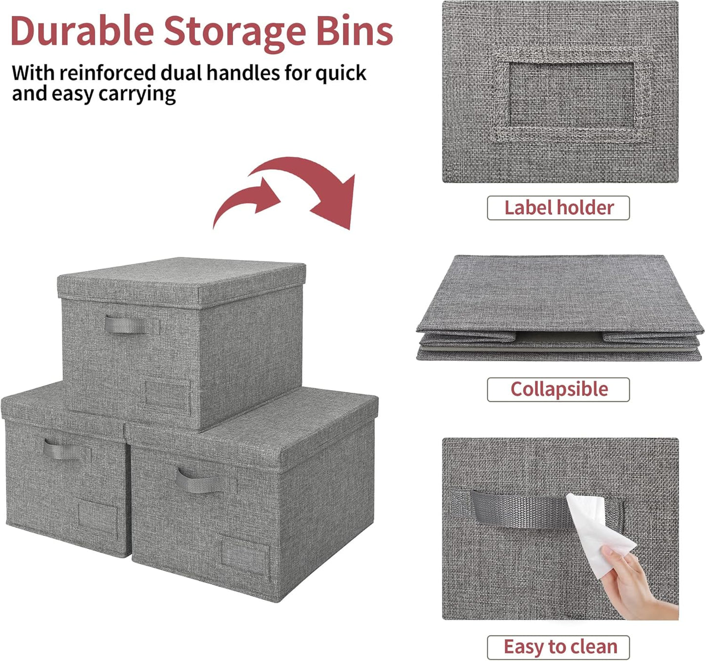 GRANNY SAYS Storage Bins with Lids, Linen Closet Organizers and Storage Baskets for Shelves, Storage Containers for Closet Organization, Large Bins for Storage, Dark Gray, 3-Pack