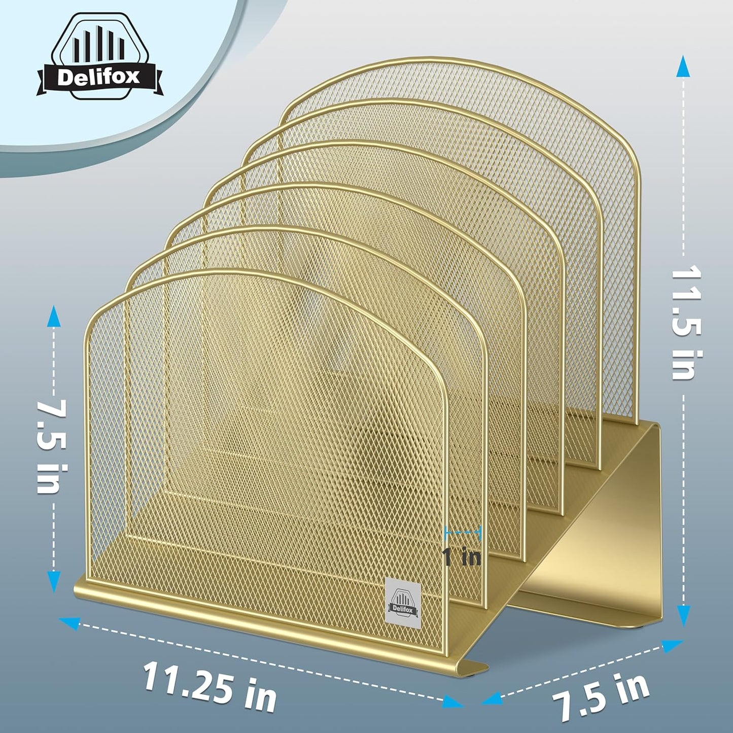 Inclined Desk File Organizer, 5-Section Vertical File Folder Holder Stand Metal Rack File Sorter for Office Classroom Desktop Organization (Gold, 1Pack)