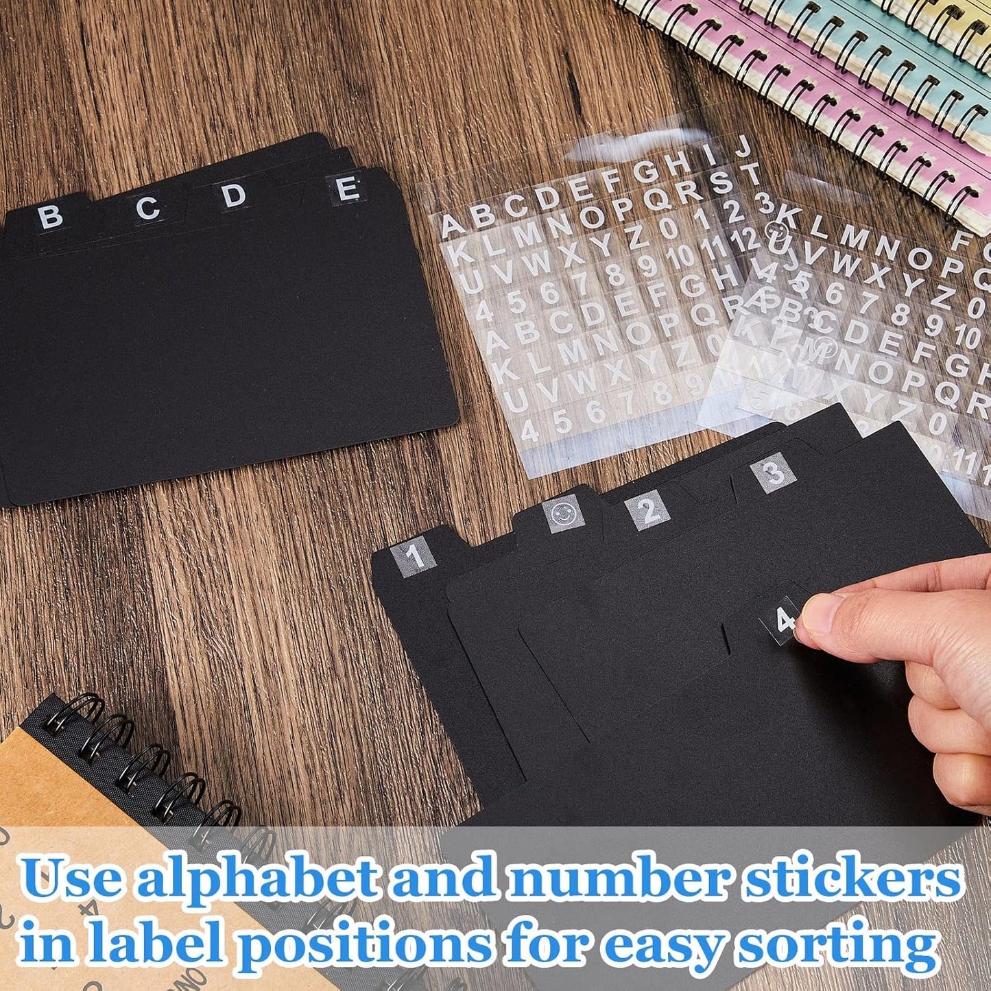 Lewtemi 50 Pcs Index Card Dividers 3 x 5 Inch Index Card Dividers with Tabs Guides with 2 Pcs Alphabet Number Stickers for Office Recipe Business (Black)
