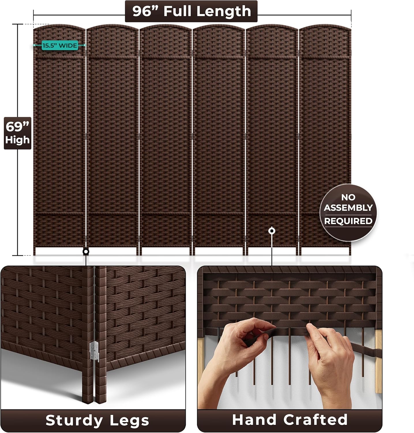 Sorbus 6 Panel Room Divider 6 ft. Tall - Privacy Screen, Extra Wide Double Hinged Panels, Mesh Hand-Woven Design, Partition Room Dividers and Folding Privacy Screens, Wall Divider for Room Separation