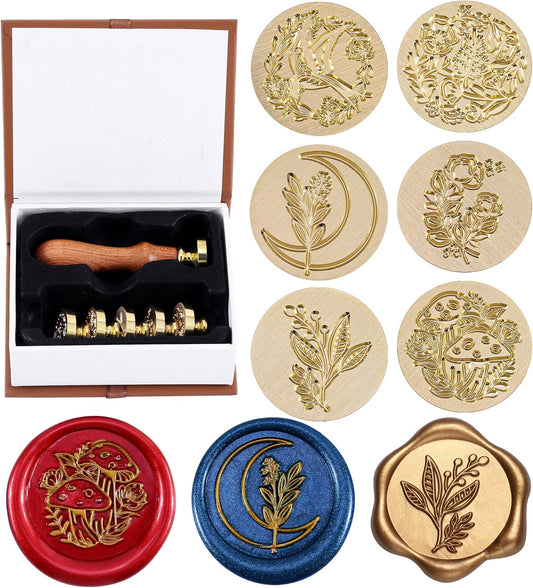 Yoption 6 Pieces Botanical Wax Seal Stamp Set, Vintage Plant Flower Sealing Wax Stamp Heads + 1 Wooden Handle with Gift Box for Wedding Invitation, Christmas, Gift Idea