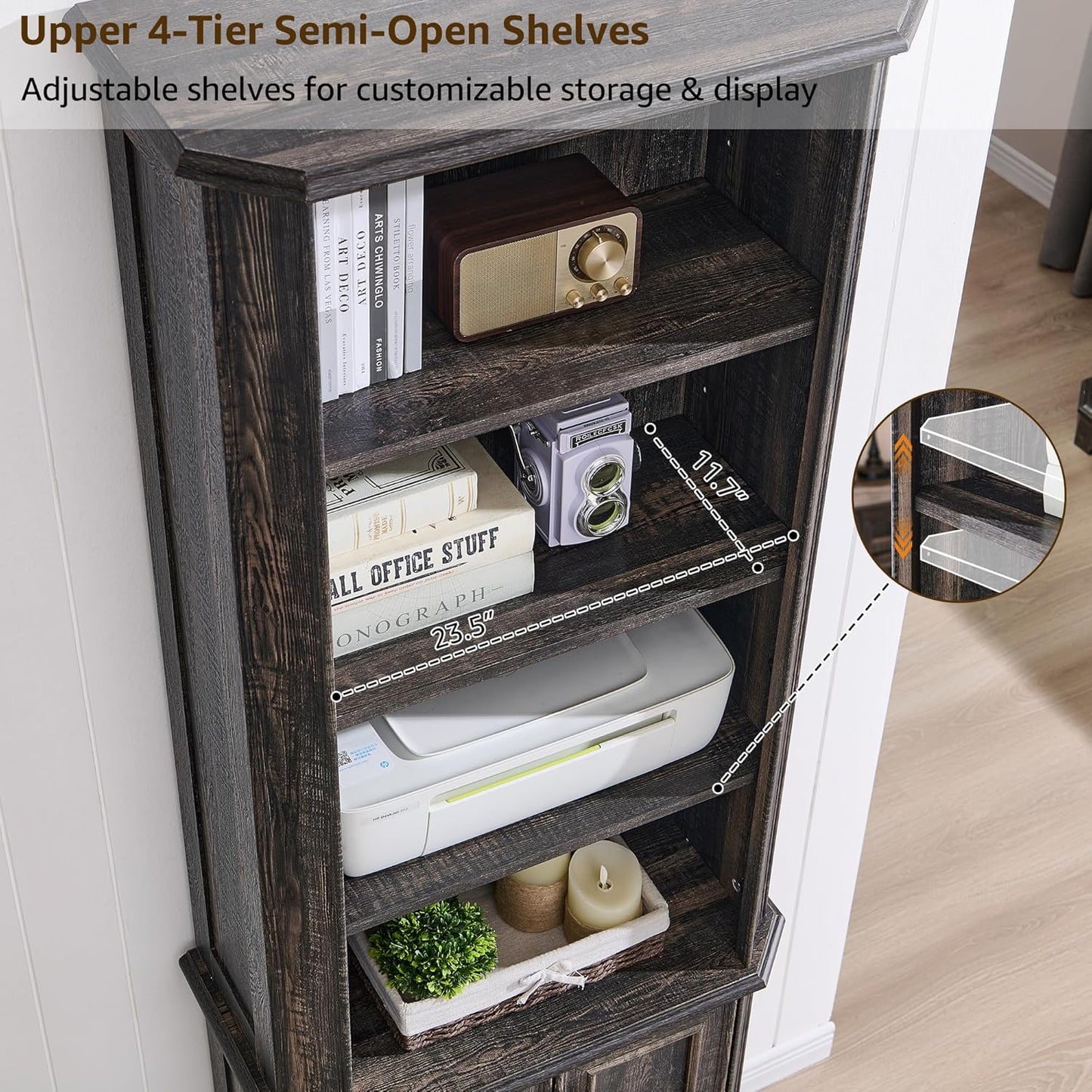 T4TREAM 6-Tier Bookshelf with Storage, 72" Tall Farmhouse Bookcase with Doors and Adjustable Shelves, Wooden Floor Standing Display Book Shelf Organizer for Home Office, Dark Rustic Oak