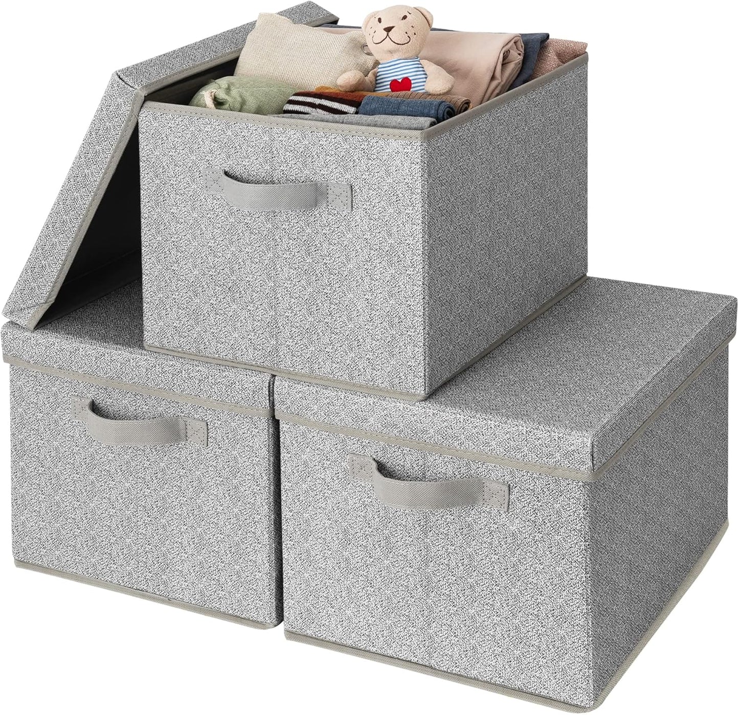 GRANNY SAYS Fabric Boxes with Lids, Storage Bins with Handles, Shelf Bins for Organizing, Extra Large Storage Boxes for Linens Clothes, Decorative Storage Containers, Gray, 3-Pack