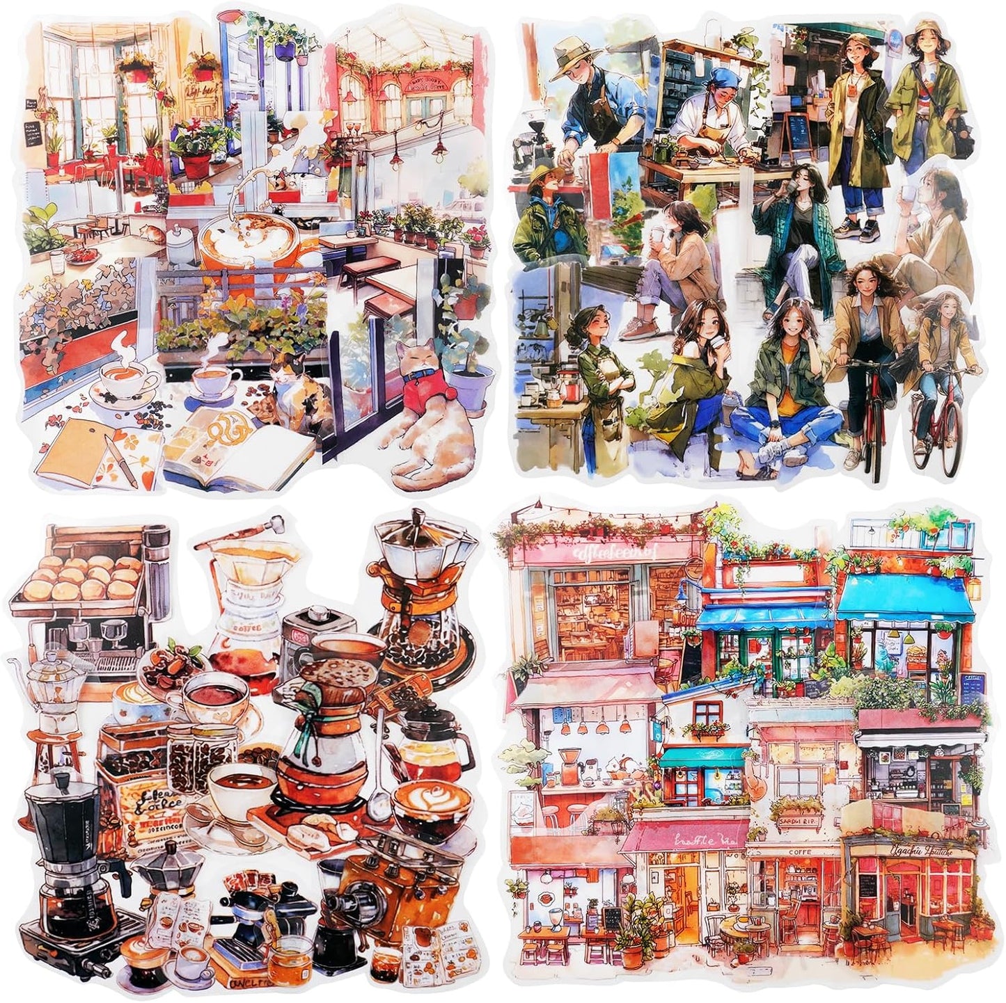 Coffee Memories PET Stickers, 120 PCS Vintage Cafe Scene Stickers for Scrapbook, Journals, Planners and DIY Craft Decoration