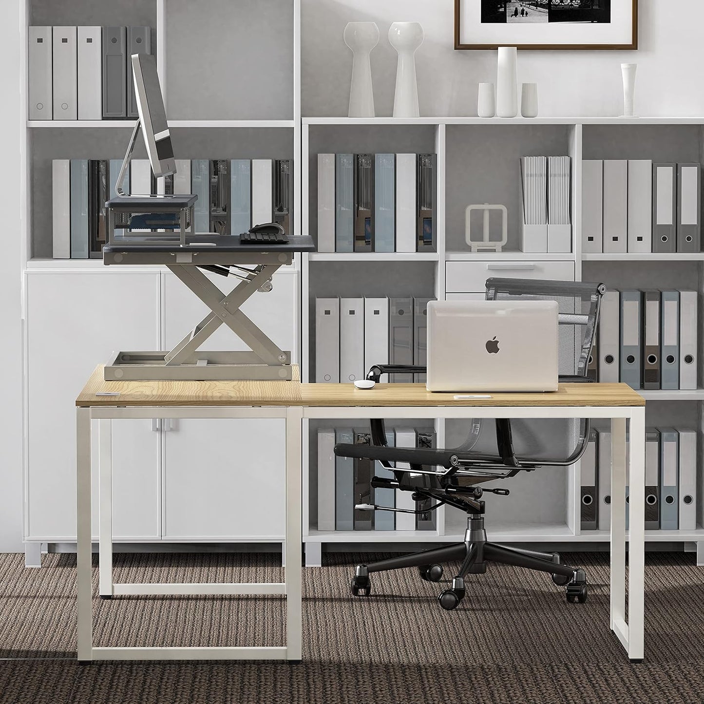 SHW 36-Inch Height Adjustable Standing Desk Converter Sit to Stand Riser Workstation, Gray