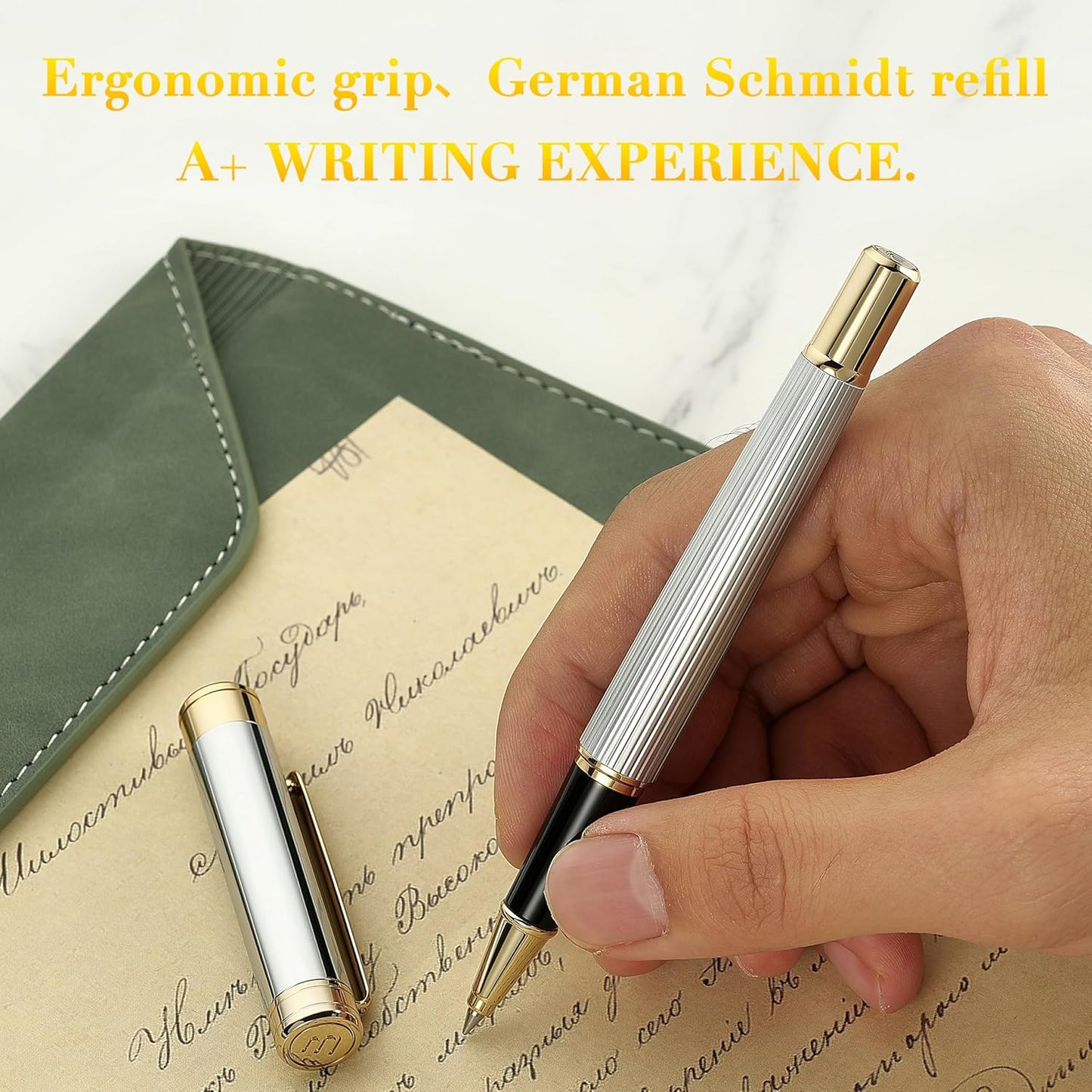 BEILUNER Lighthouse series Rollerball pen, Silver Chrome pen body, exquisite vertical lines, Schneider 850 refill, suitable for men, office, professionals, exquisite and chic designer pen