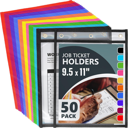 50 Pack Job Ticket Holders 9x12 inch - Colored Work Order Plastic Sleeves Shop Ticket Holders Dry Erase Pocket Sleeves Dry Erase Pockets Clear Pocket Sleeve Tickets Holder Plastic Sleeve