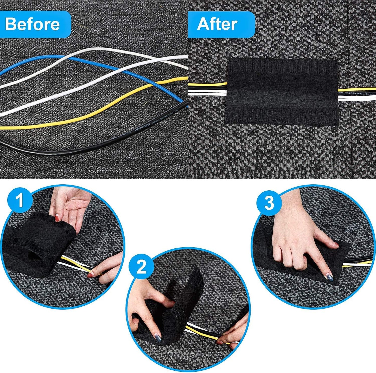 WILLBOND Carpet Cord Cover Cable Grip Floor Cover Cable Protector Management Only for Commercial Office Carpet(Black,19.69 ft)