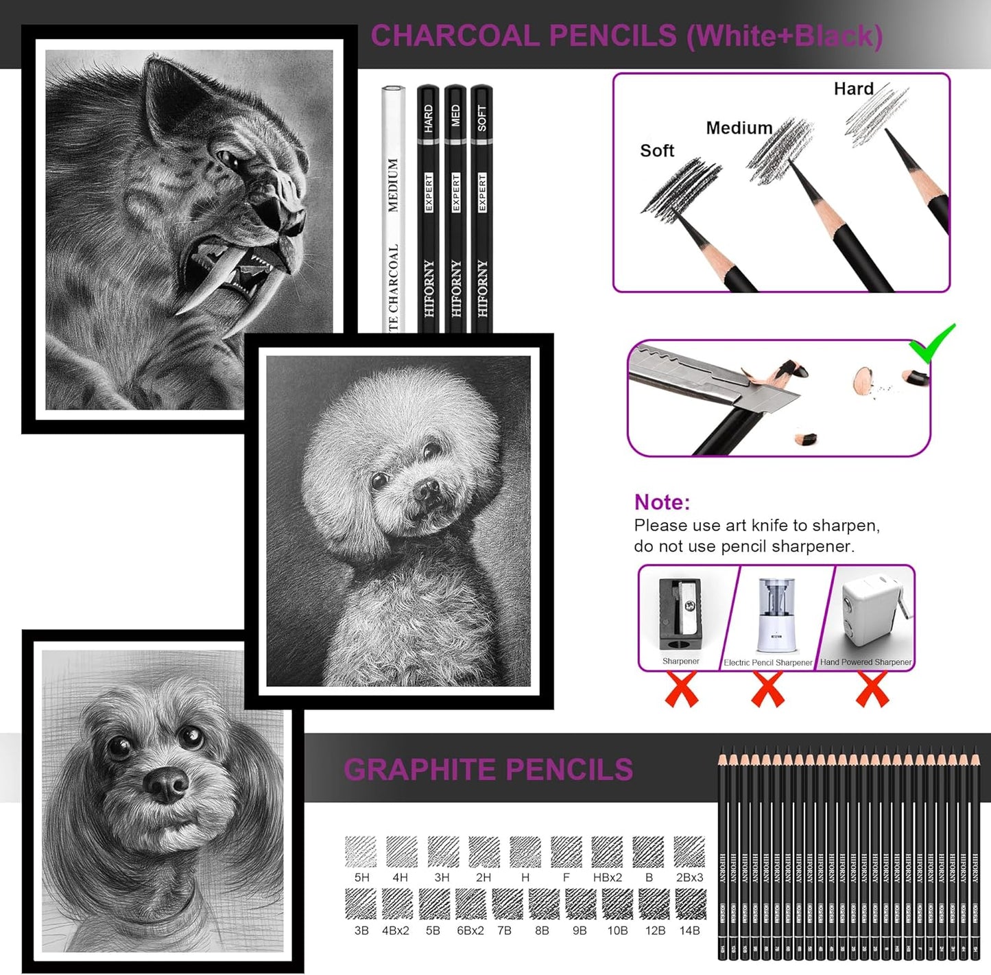 HIFORNY 58 PCS Drawing Kit Sketching Pencil Set,Sketch Pencils Art Supplies with 3-Color Sketchbook,Graphite,Charcoal,Blending Tools,Drawing Pencils for Adults Artists