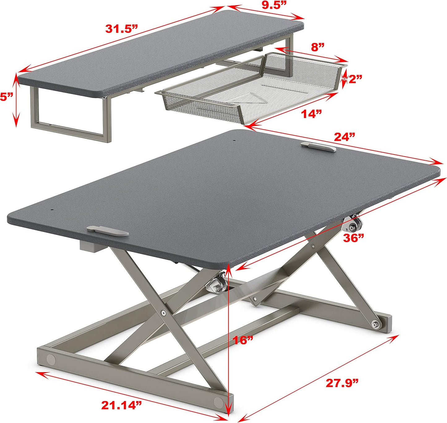 SHW 36-Inch Height Adjustable Standing Desk Converter Sit to Stand Riser Workstation, Gray