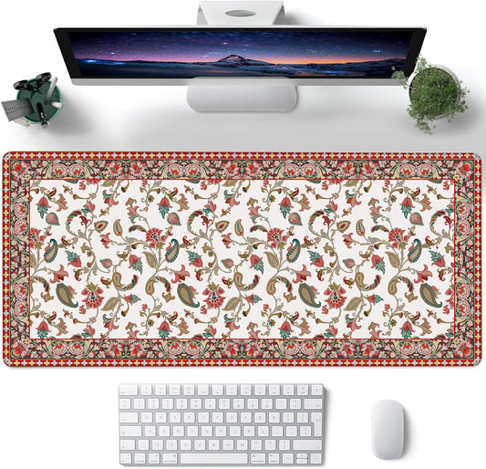 Desk Mat, Vintage Floral Large Gaming Mouse Pad with Non-Slip Base Stitched Edges,Desk pad for Keyboard and Mouse Home Office 35.4"x15.7"
