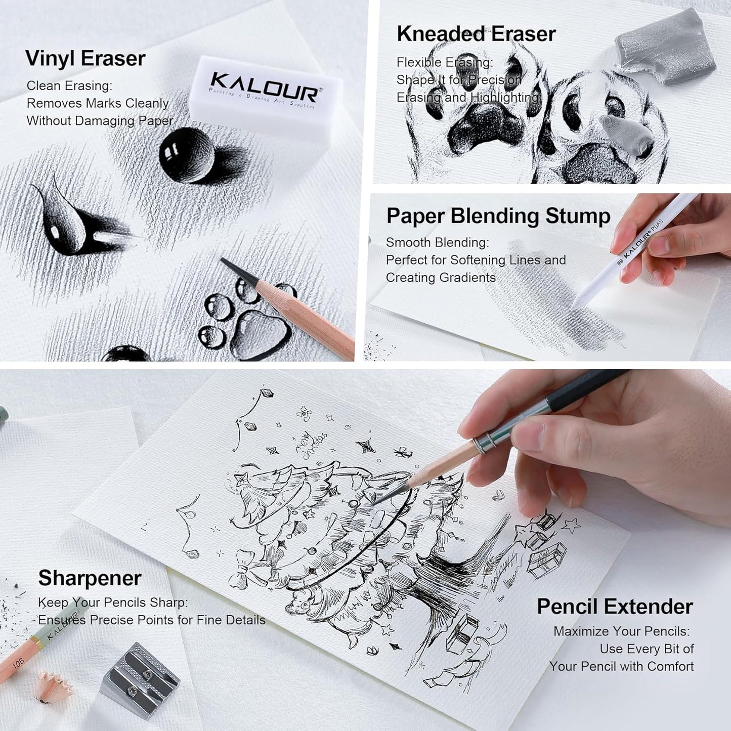 KALOUR 25-Piece Professional Sketch Pencil Set with Matte and Regular Pencils - Includes Vinyl Eraser, Kneaded Eraser, Sharpener, Pencil Extender and Blending Stump - Ideal for Artists and Beginners