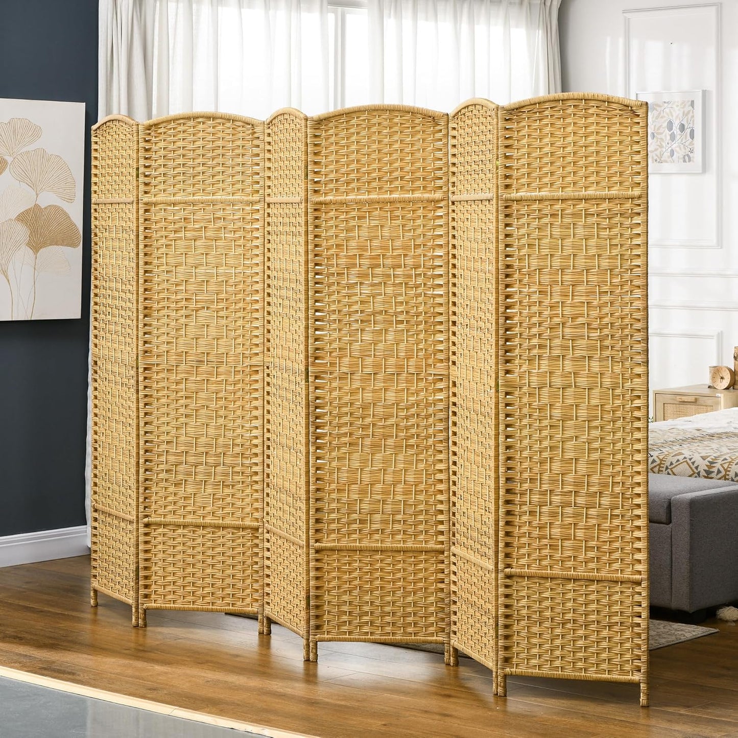 HOMCOM 6 Panel Room Divider, 6' Tall Folding Privacy Screen, Hand-Woven Freestanding Wall Partition for Home Office, Bedroom, Nature Wood