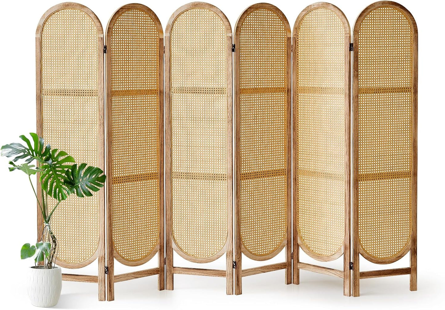 6 Panel Room Divider, 5.6 Ft Foldable Wood Room Divider Screen, Hand-Woven Rattan Folding Privacy Screens with Double Hinges, Wall Divider for Room Separation Bedroom Home Office - Natural