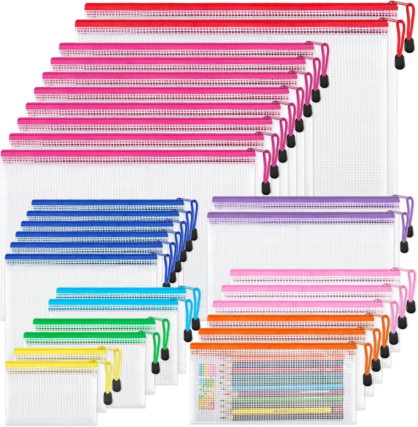 JARLINK 30 Pack 8 Sizes Mesh Pouch, 9 Colors, Waterproof Zipper File Bags Document Multipurpose Travel Bags for Office, School, Board Game, Puzzles, Cosmetics, Travel Accessories, and Home Organize