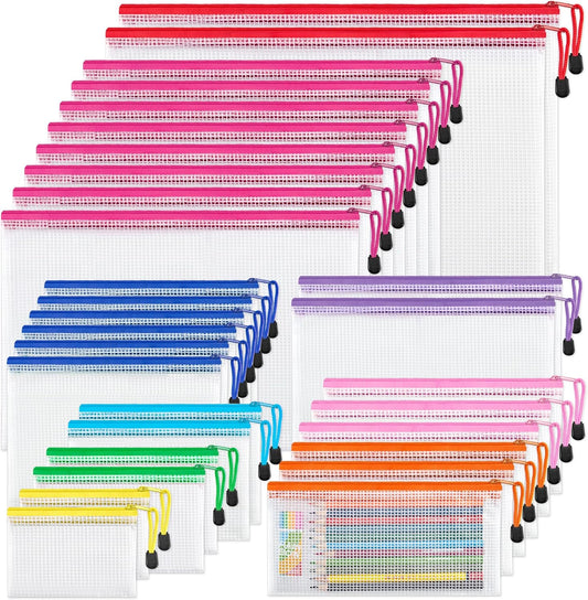 JARLINK 30 Pack 8 Sizes Mesh Pouch, 9 Colors, Waterproof Zipper File Bags Document Multipurpose Travel Bags for Office, School, Board Game, Puzzles, Cosmetics, Travel Accessories, and Home Organize