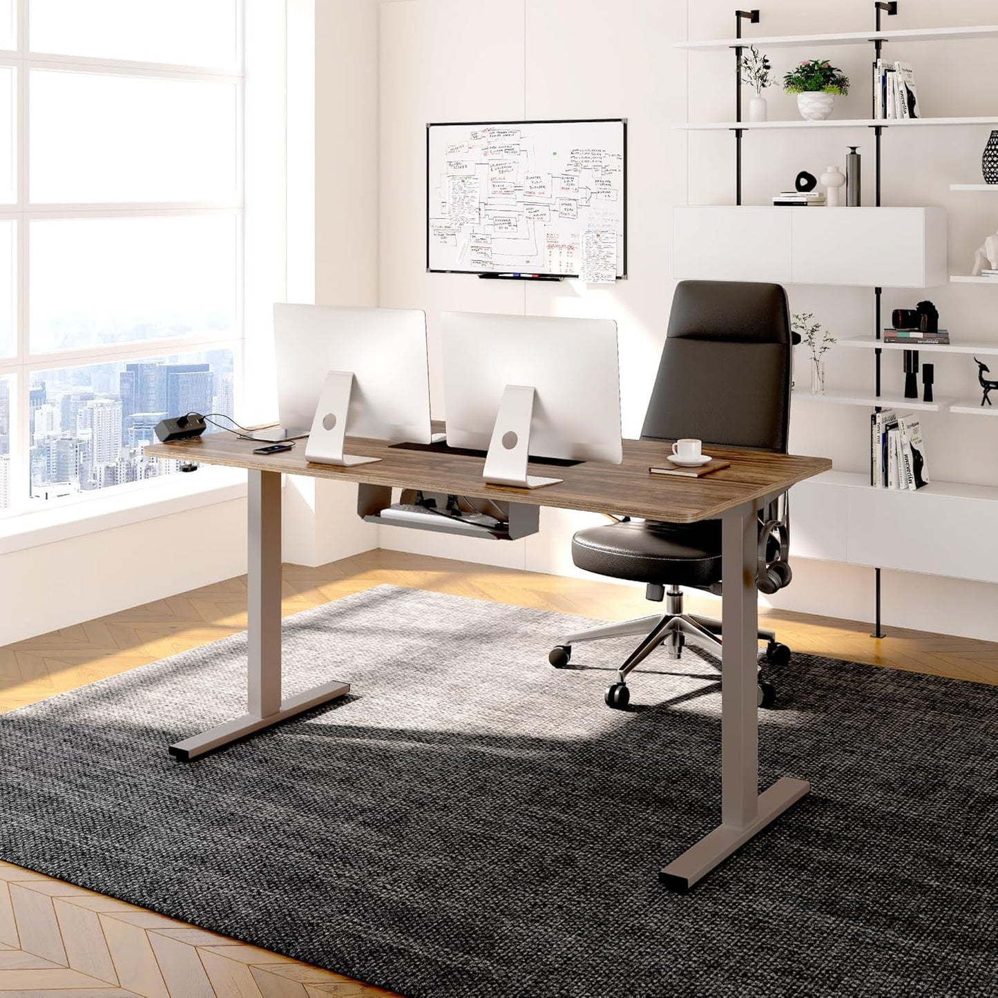 FLEXISPOT EN2 Whole-Piece Standing Desk with Clamp Power Strip, 48 x 24 Electric Stand Up Height Adjustable Desk with Cable Management (Gray Frame + 48" Black Walnut Desktop, 2 Packages)