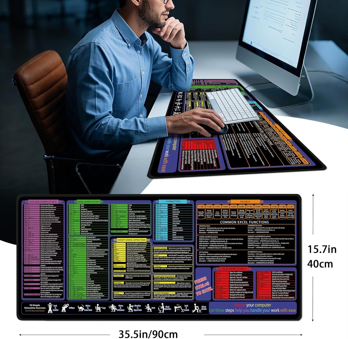 All-in-One Office & Gaming Mouse Pad: Excel/Word/Power Point Mouse pad - XL Waterproof, Non-Slip Desk Mat with Stitched Edges 35.5 x 15.7inches x 3mm