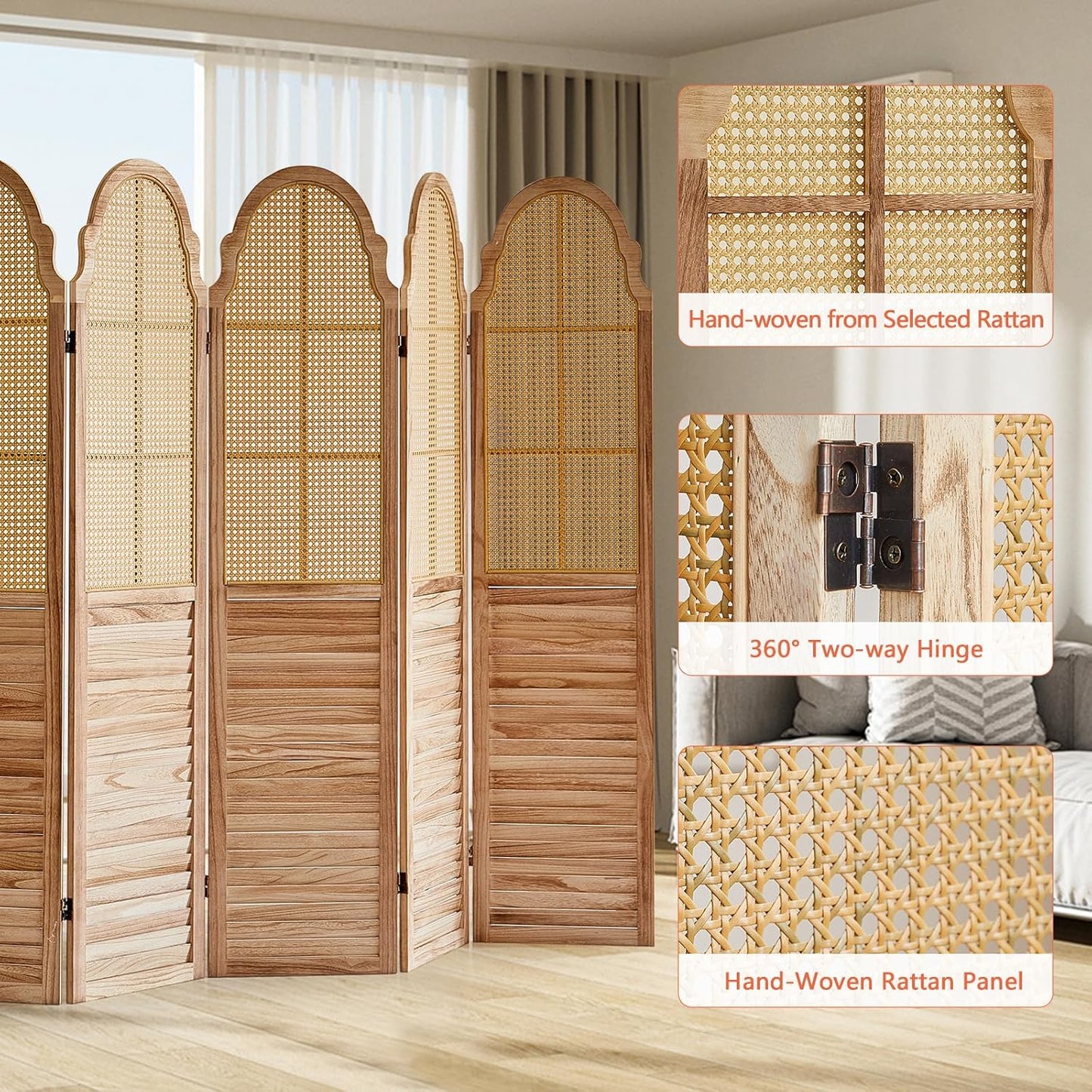 6 Panel Rattan Folding Screen Room Divider, Privacy Dividers for Rooms, Louvered Partition Dividers, Room Divider Panel for Bedroom, Dressing Room, Balcony, Light Brown