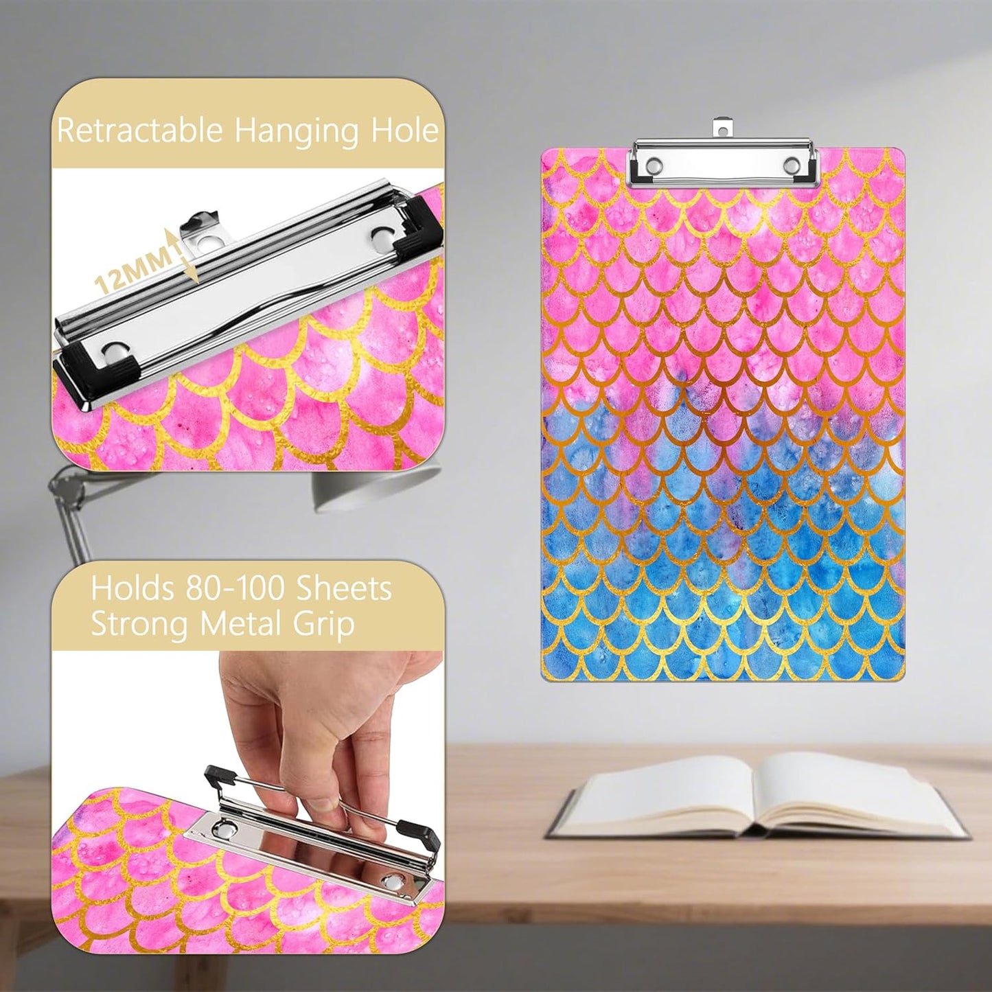 Colorful Mermaid Plastic Clipboards,Decorative Plastic Acrylic Clipboard for Teacher Social Worker Students Office Supplies 8 * 12