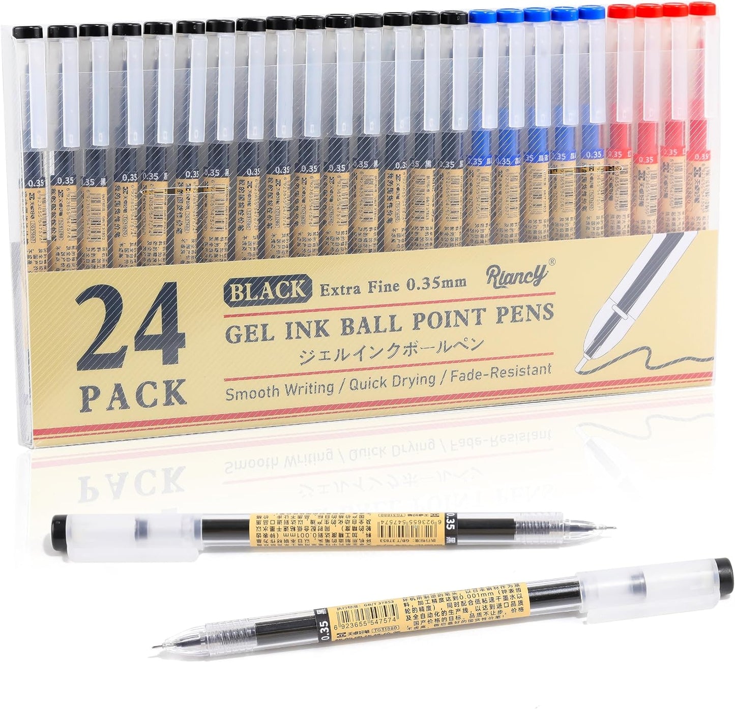 RIANCY Black Blue Red Gel Ink Pens, 0.35mm Extra Fine Point Smooth Writing Rollerball Pens, Japanese Style No Smudge Ballpoint Pen, Quick Drying for Journaling Office School Stationery Supplies 24Pcs