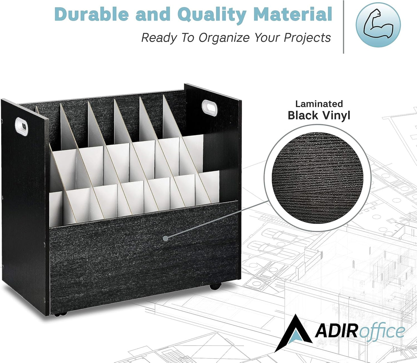 Adir Blue Print Storage Organizer - Mobile Roll File Cart, Construction Plan Holders, Blueprint Cabinet with Wheels, Roll Files Storage for Office and Home (21 Slots, Black)