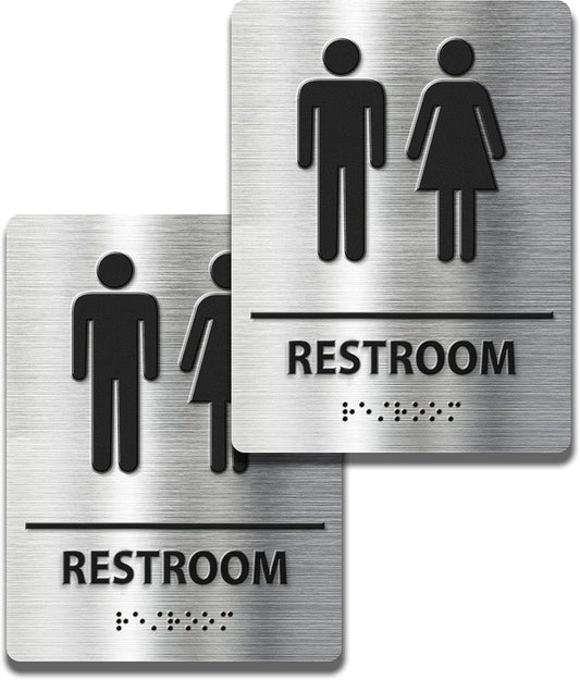ADA-Mark Modern Restroom Sign for Business - 2PK ADA Compliant Braille Bathroom Sign with Easy Installation - 6" W x 8" H