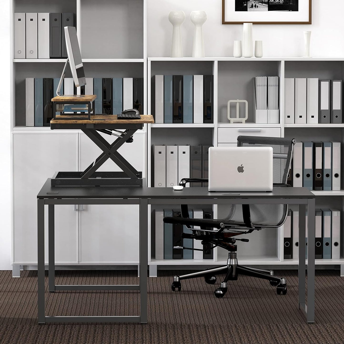 SHW 36-Inch Height Adjustable Standing Desk Converter Sit to Stand Riser Workstation, Rustic Brown