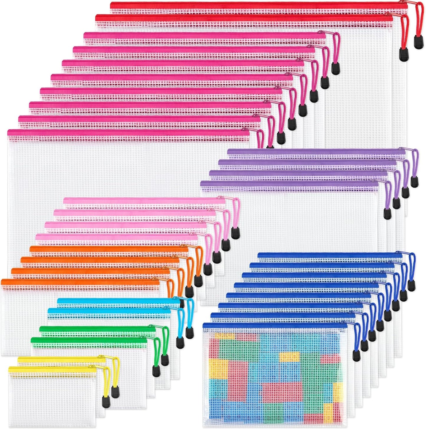 JARLINK 36 Pack 8 Sizes Mesh Pouch, 9 Colors, Waterproof Zipper File Bags Document Multipurpose Travel Bags for Office, School, Board Game, Puzzles, Cosmetics, Travel Accessories, and Home Organize