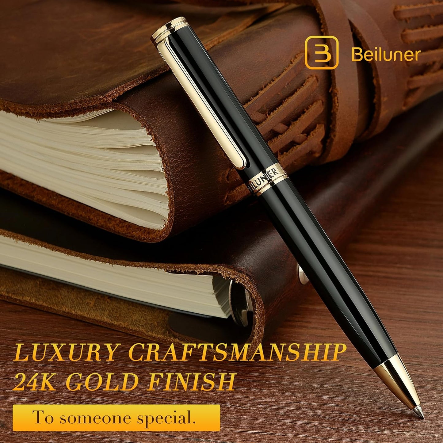 BEILUNER Luxury Gel Pen with 24K Gold Finish, Black Piano Lacquer, Luxury Grade Craftsmanship, Best Pen Gift Set for Men and Women, Professional, Executive, Office, Retractable Nice Pens