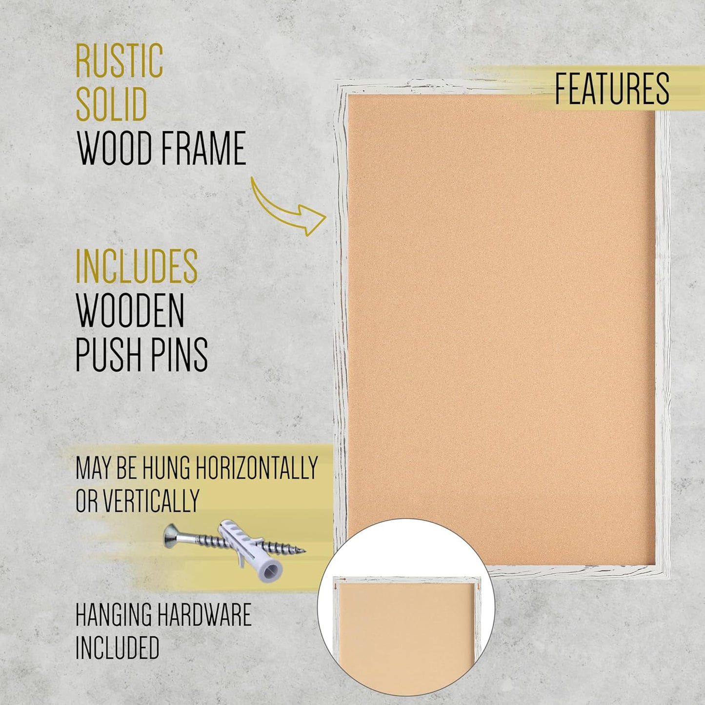 HBCY Creations Wall Mount Whitewashed Cork Board - 24" W x 36" H - 6 Wooden Push Pins - Solid Pine Wood Frame - for Kitchen, Classrooms, Restaurant Menus and More!