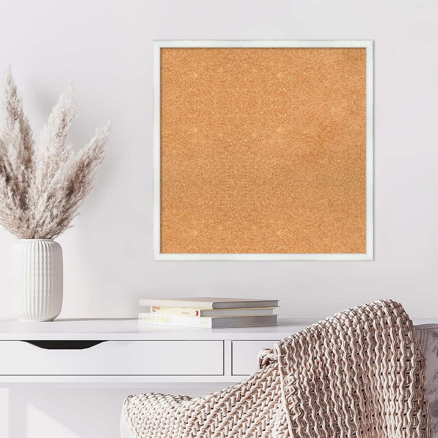 Amanti Art Natural Cork Board for Wall, 25x25 Vision Board with White Frame, Medium Corkboard Office Decor for Home Organization, Country Rustic Corkboard Pinboard to Display Items for Home