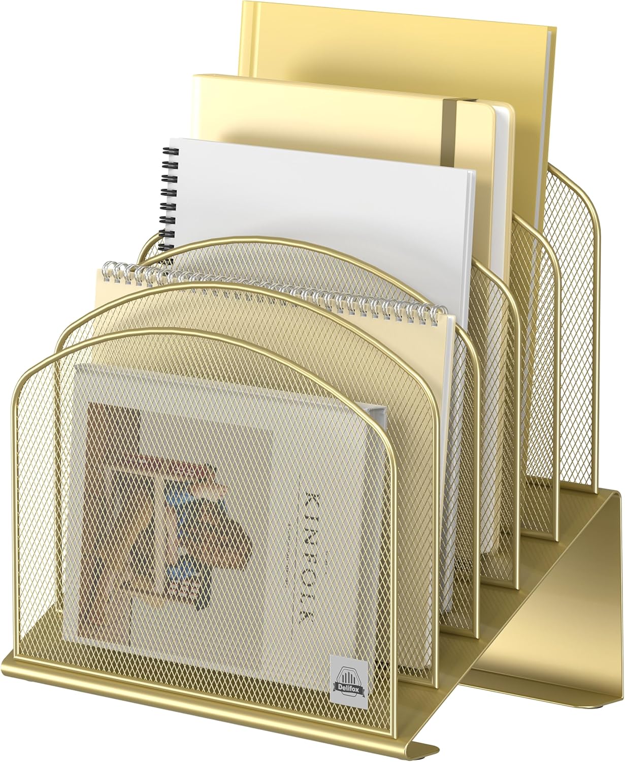 Inclined Desk File Organizer, 5-Section Vertical File Folder Holder Stand Metal Rack File Sorter for Office Classroom Desktop Organization (Gold, 1Pack)